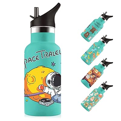 ストロー付き水筒 350ml 子供用 可愛いイラスト 二重構造 304ステンレス製 保温・保冷対応 漏れ防止 軽..