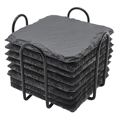 コースター スレート 断熱 8枚セットおしゃれなコースター 収納ホルダー付き 茶托 滑り止め 耐熱 速乾 コップ敷き コーヒー、ドリンク、お茶、お酒、来客用の（天然石・ストーン 黒 四角）