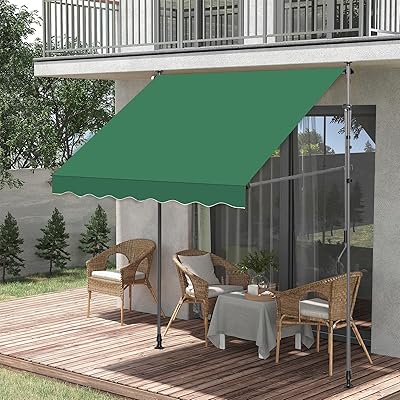 オーニングテント つっぱり日よけスクリーン 巻き取り式 サンシェード 角度、高さの調節が可能 サンシェードとしても使用可能 簡単設置 日除け 雨よけ UVカット コンパクト (グレーポール*グリーン布, 幅2.5m)