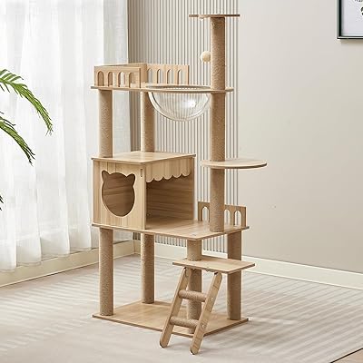 キャットタワー - スリムデザイン 大型猫用 老猫や肥満猫、子猫向けキャットハウス 宇宙船型透明ボウル..