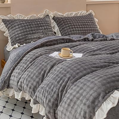 「 」布団カバーセット 4点セット ダブル 冬用 ミルクファー調 ふわとろ あったか フランネル フリル ..