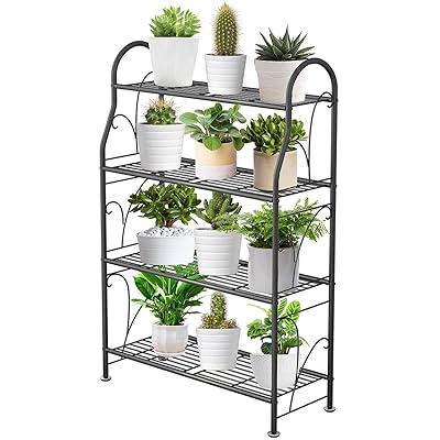 フラワースタンド 室内 ガーデンラック 多層多機能錬鉄製プランタースタンド 植物 棚 組み立てる観葉植物 棚 多肉植物スタンド 花台 収納 アイアン 花台 ガーデンバルコニーリビングルームに最適(4層ダークグレー)
