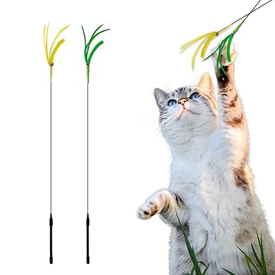 (Six Meow)猫じゃらし、猫おもちゃ、猫のお遊びススキ草（エノコログサ）運動不足解消ストレス解消、 緑、黄（2個）