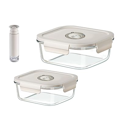 真空保存容器 耐熱ガラス 525ML+800ML(プレミアムモデル)+手動ポンプセット - 食品保存、鮮度長持ち 漏れ防止 食品真空保管ボックス 電子レンジ・冷蔵・冷凍OK、食洗機対応、におい移り防止、気密 衛生的、お手入れ簡単、作り置き保存、長持ち