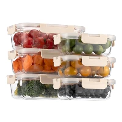 耐熱 ガラス保存容器 6個セット 密閉タッパー 電子レンジ オーブン 食洗機OK 作り置き 長方形 ベージュ 370ml×3 1050ml×3