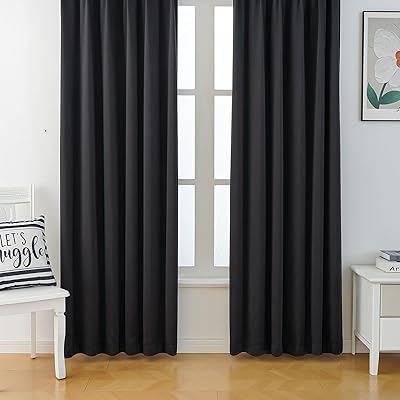 カーテン 遮光カーテン 1級遮光 2枚組 断熱 防寒 防音 省エネ 厚手 無地 おしゃれ 洗える 寝室 リビング用(ブラック，丈150 cm x 幅100 cm)