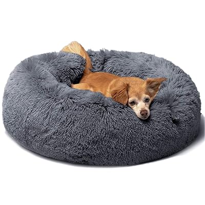 犬 ベッド 猫 クッション グッズ - ラウンド型 もふもふ 丸型 ドーナツふわふわ もこもこ ぐっすり眠る 洗える 通年 コーギー/柴犬/中型犬用品 (75cm, ダークグレー)のサムネイル