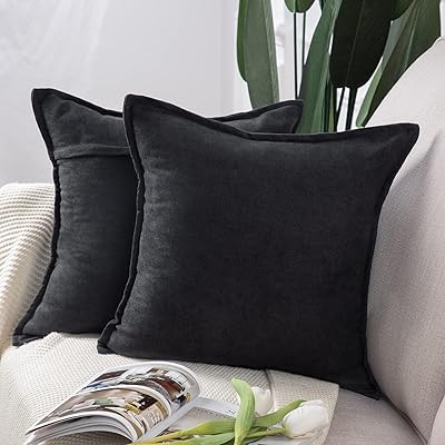 クッションカバー 肌触り良い シェニール シンプル 無地 北欧 おしゃれ ソファ背当て 装飾枕カバー 座布団カバー 2枚セット(ブラック, 60X60 cm)