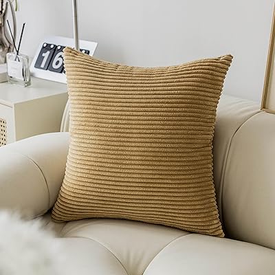 クッションカバー 60x60cm 1枚セット コーデュロイ ション おしゃれ 北歐 洗える ふわふわ 隠れるファスナー ストライプ ソファー用背當(dāng)て 裝飾枕 カーキ色【カバーのみの販売】