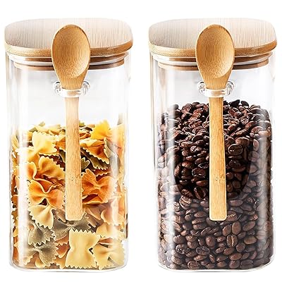 ポカロティー ガラスキャニスター 1480ml 耐熱ガラス保存容器 キッチン用 2個セット 密封竹製の蓋 スプーン付き コーヒー豆 小麦粉 砂糖 ビスケット パスタ 茶葉などの保存に ガラス製食品保存容器