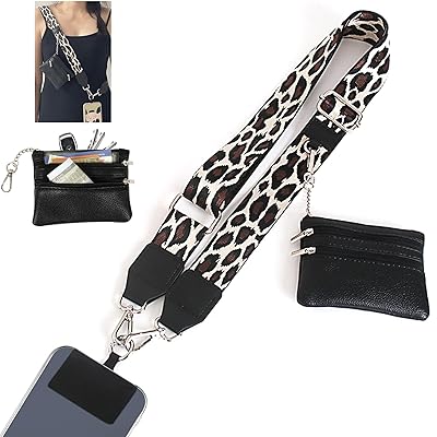 クリップアンドゴー 携帯電話用ストラップ ウォレット付き クロスボディ 調節可能な携帯電話用ストラップ ジッパー付きポーチクロスボディストラップ すべての iPhone に対応、黒ヒョウ柄