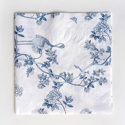結婚式・ディナー・ティーパーティー用カラーペーパーナプキン 20枚入り シャビーシックデザイン DIYデコパージュ用, 青と白の磁器