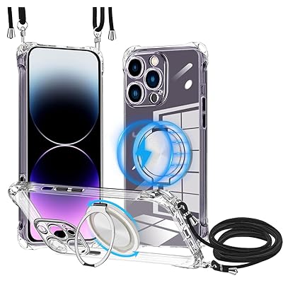 iPhone 14 Pro 用 ケース クリア MagSafe対応 リング スタンド 360度回転できる 用 ワイヤレス充電 ネック ショルダー iPhone14pro カバー 肩掛け 首掛け 斜めがけ 紐付き 韓国 耐衝撃 米軍MIL規格取得 スタ