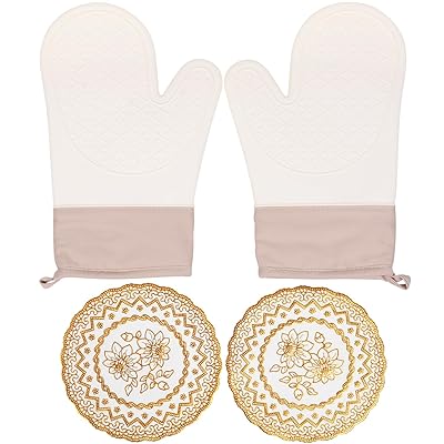鍋つかみ ミトン耐熱 オーブンミトン 耐熱 業務用 シリコン オーブン手袋 おしゃれ キッチングローブ 北欧 防水 防汚 滑り止め 左右兼用 2枚セット (ホワイト, Free size 高さ28cm×幅19cm)