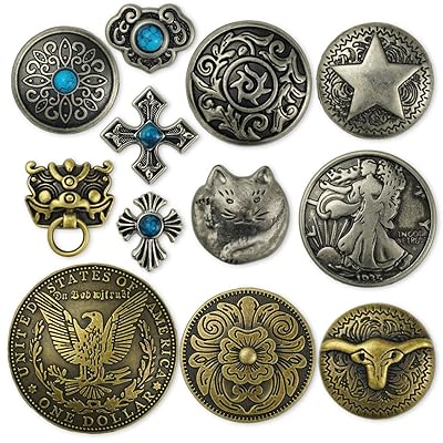 コンチョ ボタン 12個セット ねじ式 アンティーク シルバー 金古美 15mm～38mm ターコイズ 唐草 クロス フラワー レザークラフト 財布 手芸