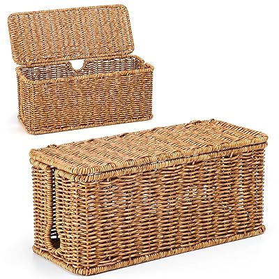 手作りケーブル管理ボックス 模造ラタン織り 1パック 籐製コード管理ボックス デスクに電源タップを隠..