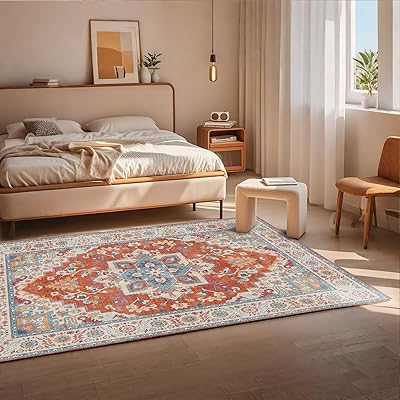 マット 玄関マット 室内 滑り止め ホットカーペット対応 耐磨耗性 絨毯 洗える ラグマット 軽量 花柄 ペルシャ風 ラグ カーペット 北欧 120x160cm レッド