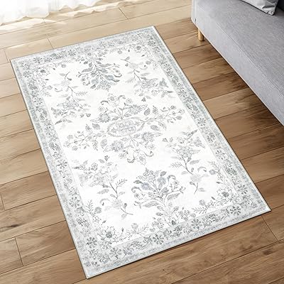 ラグ カーペット 1畳 洗える 90х150cm ラグマット オールシーズン適用 ペルシャ風 じゅうたん じゅうたん 滑り止め 低反発 防音 一人暮らし ラグ 耐磨耗性 軽量 花柄 ライトグレー