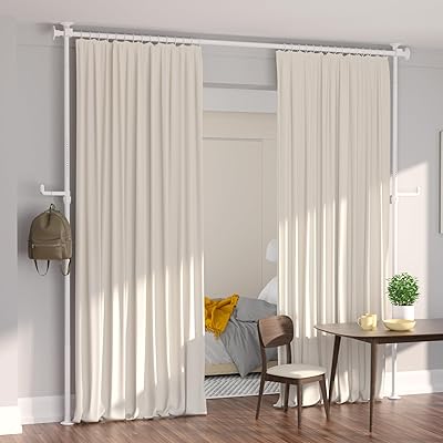 突っ張り式 パーテーション 間仕切り 高さ110～317cm×幅110～317cm つっぱり棒 カーテンレール カーテンポール 縦横伸縮 取付簡単 カーテンリングとミニフック付き 白 おしゃれ 部屋 (2ポール ホワイト)