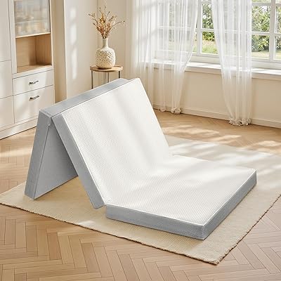 マットレス シングル 3つ折り- 高反発マットレス 極厚10cm 折り畳みマットレス 密度32D 硬さ180N/250N 2層構造 洗えるカバー 竹炭消臭 敷布団 97x195x10cm ホワイト