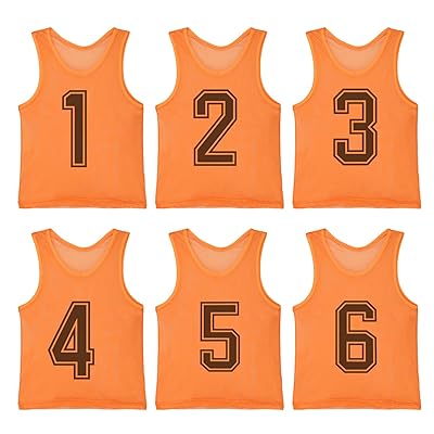ビブス 子供用 大人用 6枚セット 番号入り 無地 軽量 通気メッシュ サッカー バスケ フットサル 男女兼用 練習試合 運動会 メッシュビブス (オレンジ, L)