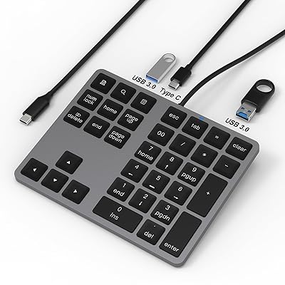 キーボード 有線 usbハブ付き、超薄型34 キー テンキー付き、mac テンキー 有線外付けテンキー、静音多機能ナンバーパッド,片手デバイス左手デバイス、PC/Laptop/Windows/iOS/Androidなどに対応 (USB 3.0 ポート