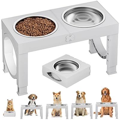 犬 食器台 中型犬～大型犬向け ペット 餌台 ステンレスボウル 食器 エサ台 4段階 高さ調節可能 餌入れ 犬 ご飯台 ホワイト