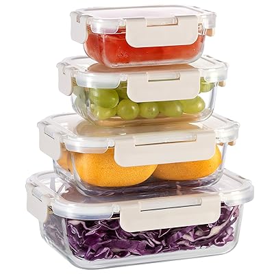 耐熱ガラス 保存容器 4個セット ガラス密閉容器 ガラスタッパー 電子レンジ オーブン 食洗機対応 冷凍 積み重ね可能 漏れ防止 蓋付き BPAフリー 長方形 ベージュ