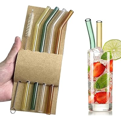 プラスチックストロー 耐熱 再利用可能 安全無毒 環境に優しい 洗浄ブラシ付き 6本セット (カラーガラス製+4本セット)