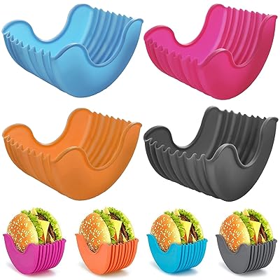 格納式ハンバーガー固定ボックス 調節可能なハンバーガーホルダー 再利用可能 洗濯可能 格納式ハンバーガークリップ シリコーンラックホルダー ハンバーガーボックス ハンバーガー愛好家 大人と子供向け 4個