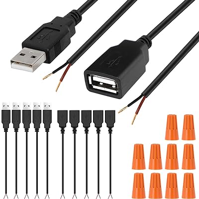 USBケーブル5V電源線 USBコネクタメスオス延長ケーブル USB自作端子2ピン充電器プラグライン Arduino用とLED用、5 個USB オス + 5 個USB メス、10個