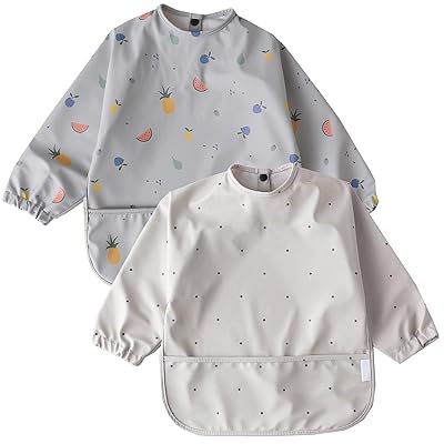 お食事エプロン ベビー 長袖 食事スタイ 洗える 袖付き 離乳食 エプロン 2枚セット 赤ちゃん 女の子 男の子 ベビー スモック 防水 子供 キッズ 食事用エプロン 0歳 1歳 2歳 3歳 4歳 5歳 保育園 入園準備