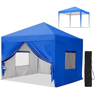 ワンタッチ タープテント 3段階調節 3m/2.5m/2m UVカット 耐水 スチール キャンプ アウトドア 耐水専用横幕/サイドシート4枚付属 テント キャンプ用品 ワンタッチテント タープ(ブルー,2m)