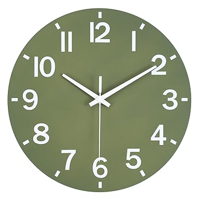 壁掛け時計 おしゃれ 静音 掛け時計 連続秒針 木目調ダイヤル アンティーク 北欧 おしゃれ かわいい （モスグリーン）