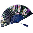 夜桜の輝き - 黒い背景に輝く花柄扇子、ビンテージシルクと日本の伝統的なレースデザイン、上質な竹フレームの妖艶な手持ち扇子