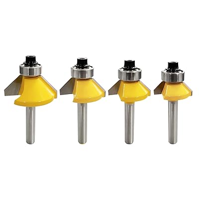 45度面取りビット 4本セット、6mmシャンク、超硬トリマー、ルータービット、コーナーラウンド、電動ト..