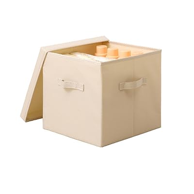 蓋付き収納ボックス 収納ケース 大容量 衣装ケース 衣類収納 折り畳み 積み重ね 取っ手付き おしゃれ 布製 (ベージュ, 幅35×奥行35×高さ32cm 1個)