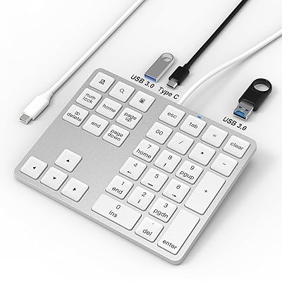 テンキー有線、薄型、34 キー、Tab キー付きテンキー、USB ハブ付き (USB 3.0 ポート x 2 および USB C ポート x 1 を含む)mac テンキー USB C 外付けテンキー 小型 数字キーボード 静音多機能ナンバーパッド,外