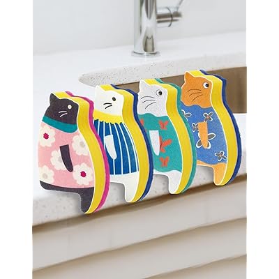 スポンジ 食器洗い 4個 抗菌 キッチンスポンジ 泡立ち 猫 台所用スポンジ かわいい おしゃれ お座りアニマル 驚きの水切れ 耐久性 食器洗い 油汚れ 落としやすい