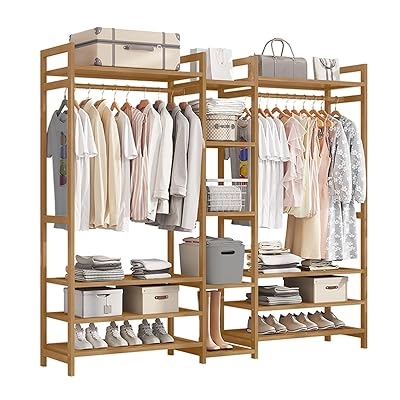 ハンガーラック 天然竹製 ワードローブ クローゼット コートハンガー オープンラック 棚付き 衣類収納棚 洋服ラック 洋服掛け 収納ラック 大容量 頑丈 (A/...