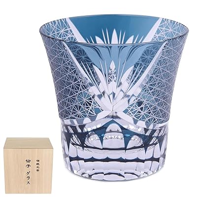 切子 グラス 日本酒グラス 260ml 菊つなぎ 文様 ロック 焼酎グラス 退職祝い 結婚祝い 父の日 母の日 ペアギフト 古希 喜寿 上司 昇進 お祝い(青)
