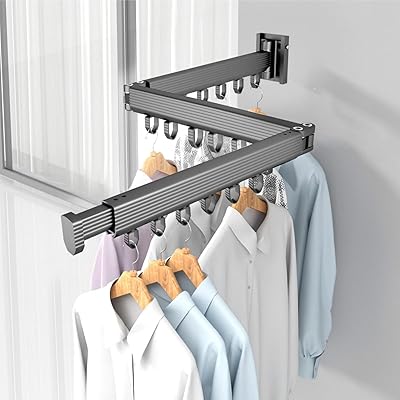 回転折りたたみハンガーラック 物干しラック 折りたたみ 室内 家庭用 折りたためる・室内干しラック 18個の防風フック付き アルミニウム 梅雨対策 服掛けラック 伸縮物干しポール 防水防錆 壁掛洗濯物干しラック ウォールハンガー 寝室 バスルーム ベ