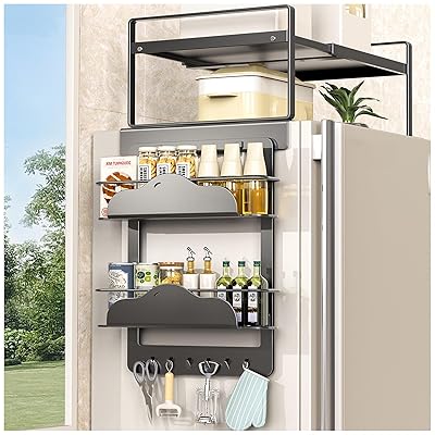 冷蔵庫上ラック 冷蔵庫上収納棚 レンジラック 棚板幅さ調節可 (幅31.5-60cm) 小型冷蔵庫対応 キッチンラック 組み立て簡単 日本語の説明書付き (Lサ...