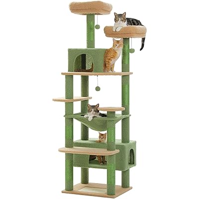 (ぺテぺラ) キャットタワー 大型猫用 コンパクト 多頭飼い 据え置き型 スリム ハンモック 麻紐爪とぎポール 猫のおもちゃ 転倒防止ベルト付き 展望台 猫ベッドカバー取り外し可能 運動不足解消 - グリーン 高さ180cm
