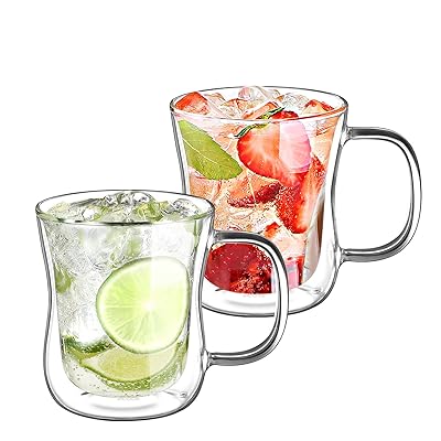 ダブルウォールグラス 240ml 2個セット 結露しない二重グラス コップ ホウケイ酸塩耐熱ガラス コップ 取っ手付き 軽量で快適 タンブラー グラス コーヒー...