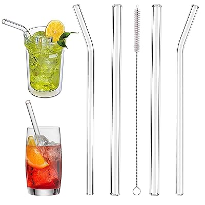 ガラスストロー4本セット 飲みストロー 凍結発泡茶飲料用 耐熱 安全無毒 再利用可能 洗浄ブラシ付き (4点セット)