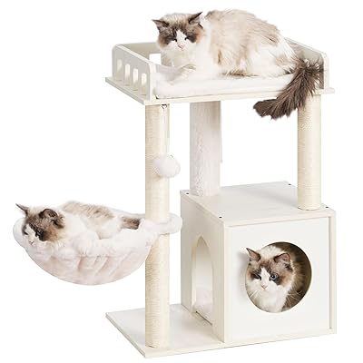 キャットタワー 木質 ミニ猫タワー 小型 猫ハウス 省スペース ハンモック 麻紐爪とぎポール 展望台 低い 据え置き 人気 高さ72cm ホワイト HCT007SWT