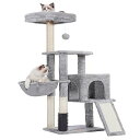 キャットタワー 子猫とシニア猫に最適 超スリム 据え置き型 省スペース 登りやすい ハンモック 天然麻ロープを使用した爪研ぎボード 高さ108cm ライトグレー HCT005SW