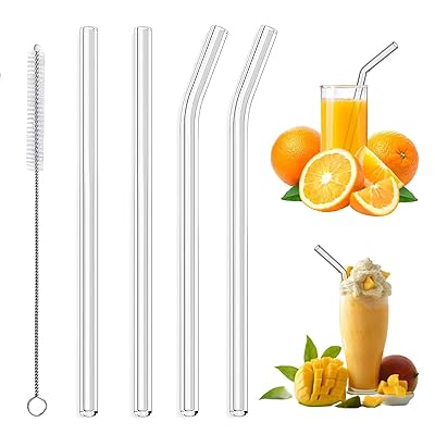 4本セット ガラスストロー ガラス製 耐熱 再利用可能 高さ20cm 凍結発泡茶飲料用 耐熱 安全無毒 洗浄ブラシ付き