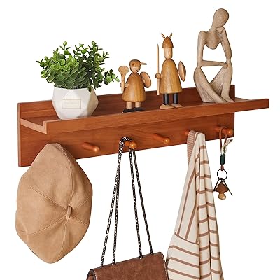 壁棚 ウォールシェルフ 幅60奥行14高さ14cm ウォールハンガー ハンガーラック 木製 コート掛け カバン掛け スリム 玄関収納 飾り棚 チェリーウッド色 ...